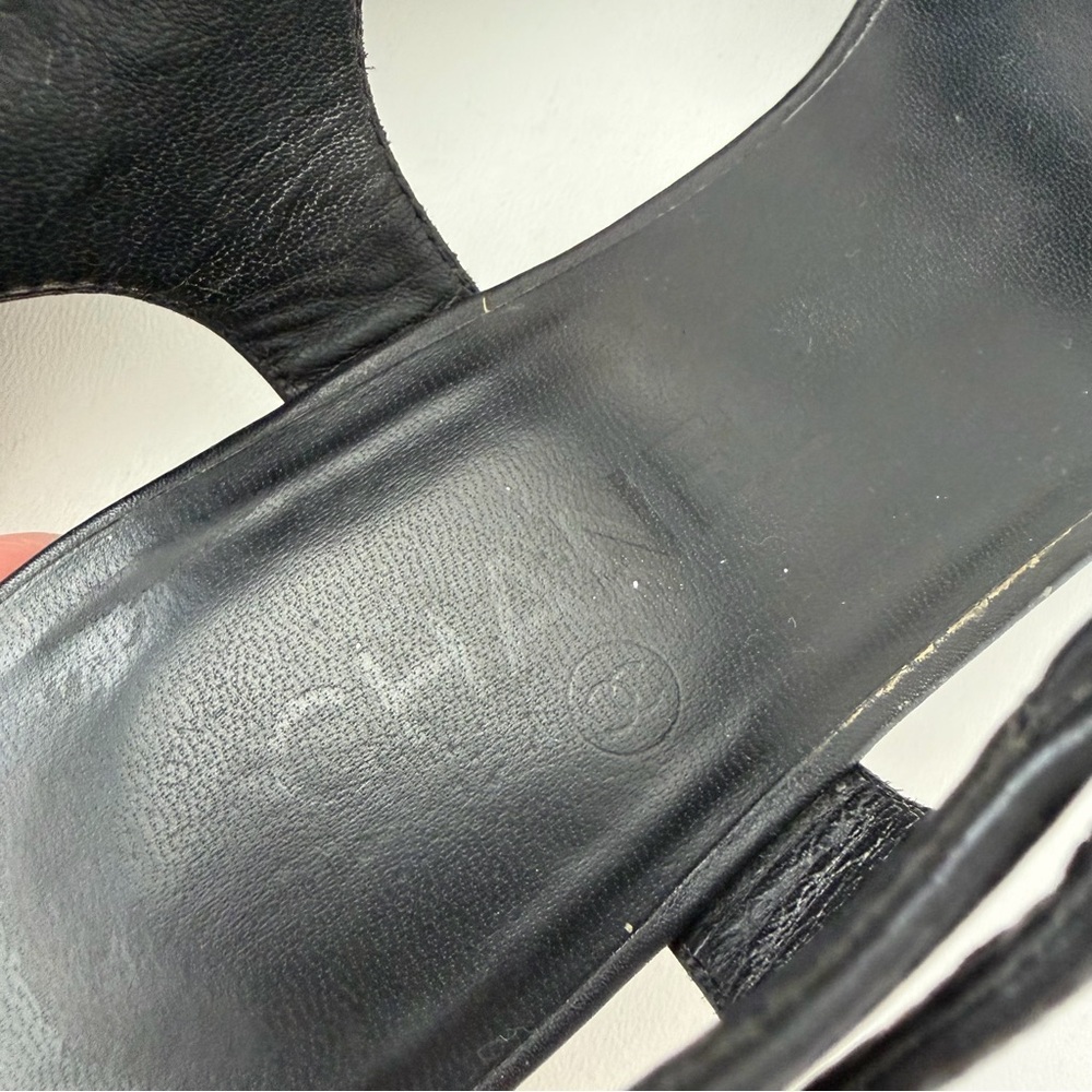 CHANEL | Camellia Logo Wood Platform Clog Sandals Black Calfskin Ankle Strap 39 - Picture 10 of 13